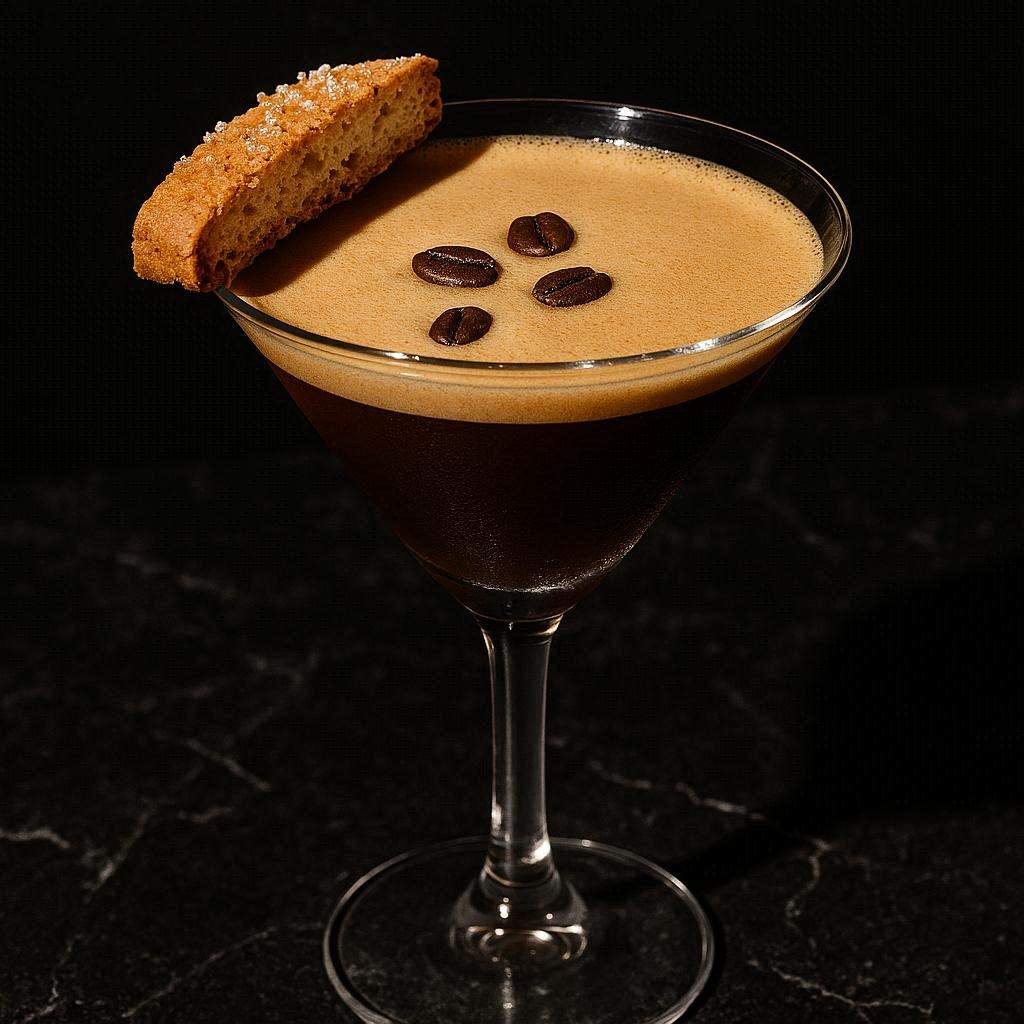 Hyperrealistic editorial photo: freshly made espresso martini in a clean-stemmed V-glass on matte black marble. Deep brown surface with crema, 3 coffee beans casting shadows, biscotti on rim with sugar crystals. Harsh direct flash, rich contrast, warm tones, textured realism, velvety black bokeh, moody and high-end.