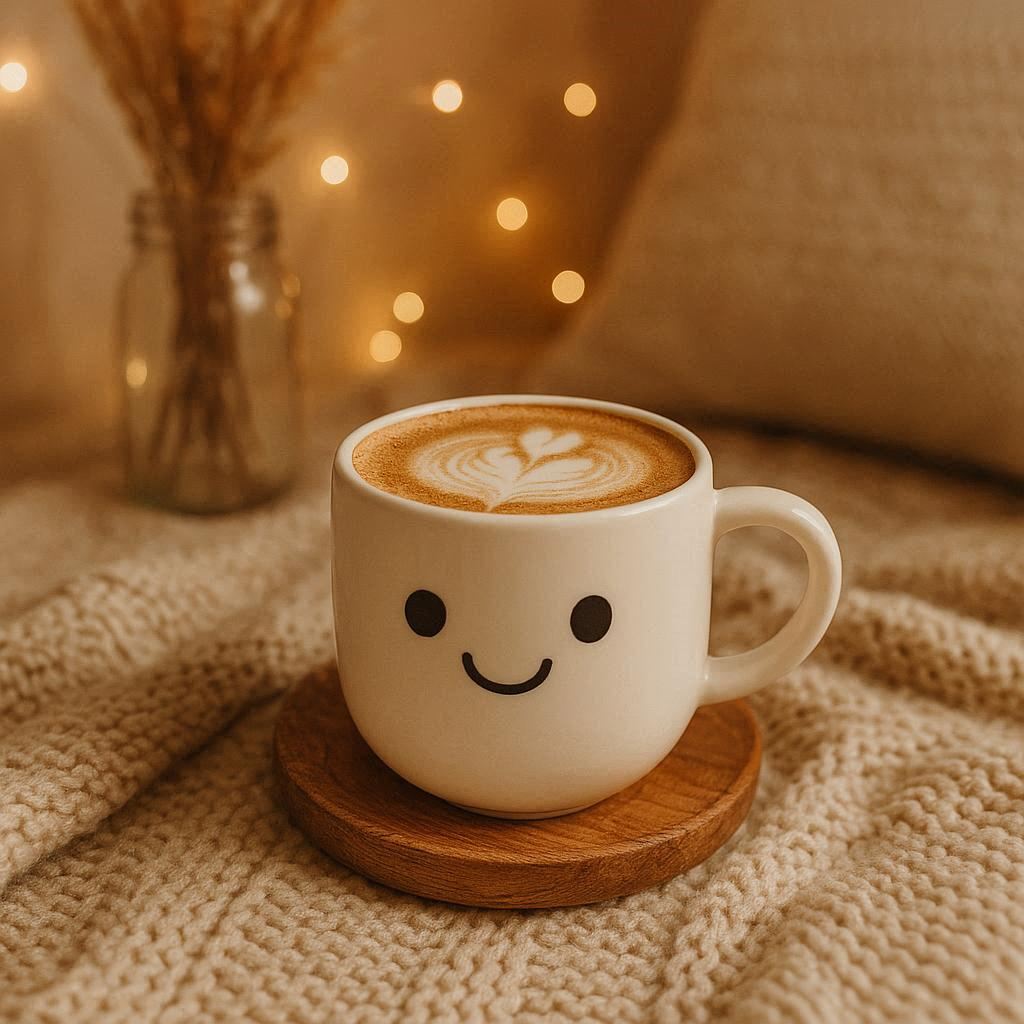 cute coffee mug with cappuccino in a cozy environment